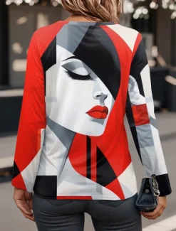 Best Women's T Shirt Abstract Casual Long Sleeve V Neck Regular Tops Daily Buttons Print Spring Fall Women T-Shirts