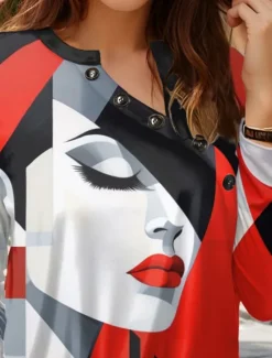 Best Women's T Shirt Abstract Casual Long Sleeve V Neck Regular Tops Daily Buttons Print Spring Fall Women T-Shirts