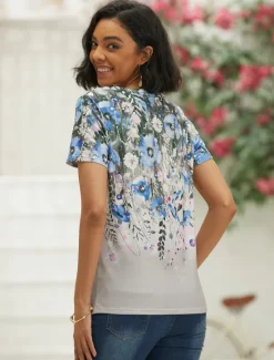 New Women's T Shirt Basic Floral Print Short Sleeve Regular Tops V Neck Holiday Weekend Blue Green Women Spring Tops