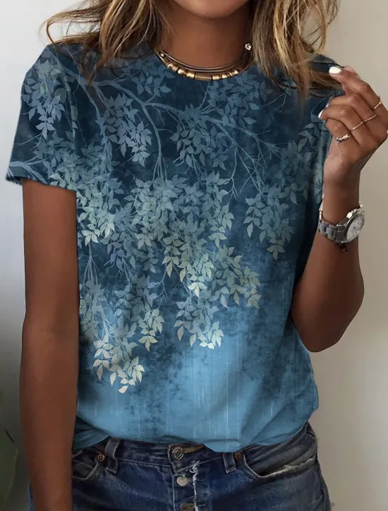 Women's T Shirt Basic Floral Print Short Sleeve Regular Tops Round Neck Holiday Weekend Yellow Pink Blue Green Women Spring Tops