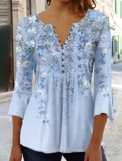 Online Women's T Shirt Basic Floral Buttons Print 3/4 Length Sleeve Regular Tops Round Neck Holiday Yellow Blue Women Tunic Tops