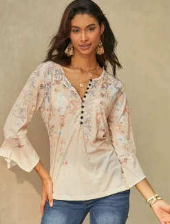 Online Women's T Shirt Basic Floral Buttons Print 3/4 Length Sleeve Regular Tops Round Neck Holiday Yellow Blue Women Tunic Tops