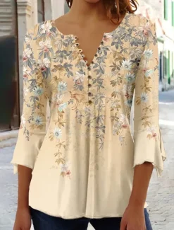 Online Women's T Shirt Basic Floral Buttons Print 3/4 Length Sleeve Regular Tops Round Neck Holiday Yellow Blue Women Tunic Tops