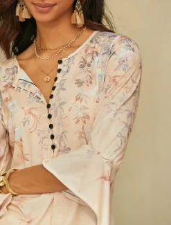 Online Women's T Shirt Basic Floral Buttons Print 3/4 Length Sleeve Regular Tops Round Neck Holiday Yellow Blue Women Tunic Tops