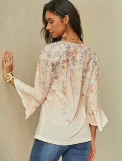 Online Women's T Shirt Basic Floral Buttons Print 3/4 Length Sleeve Regular Tops Round Neck Holiday Yellow Blue Women Tunic Tops