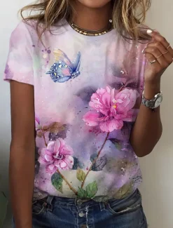 Hot Women's T Shirt Basic Floral Print Short Sleeve Regular Tops Round Neck Holiday Weekend Women Spring Tops