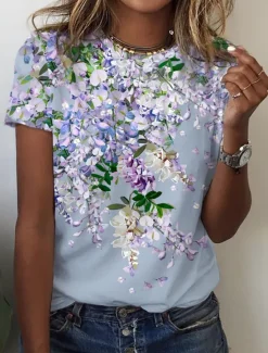 Women's T Shirt Basic Floral Print Short Sleeve Regular Tops Round Neck Holiday Weekend Pink Blue Green Women Spring Tops
