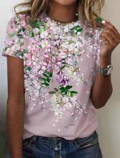 Women's T Shirt Basic Floral Print Short Sleeve Regular Tops Round Neck Holiday Weekend Pink Blue Green Women Spring Tops
