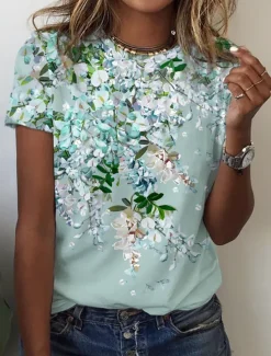 Women's T Shirt Basic Floral Print Short Sleeve Regular Tops Round Neck Holiday Weekend Pink Blue Green Women Spring Tops