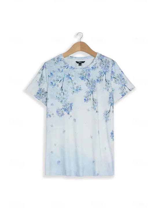 Online Women's T Shirt Basic Floral Print Short Sleeve Regular Tops Round Neck Daily Weekend Women Spring Tops