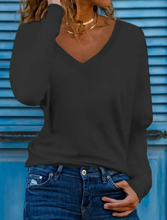 Hot Women's T Shirt Basic Patchwork Flutter Sleeve Long Sleeve Regular Tops V Neck Daily Sports Black White Red Green Cross-Seasons Women Women's Tops