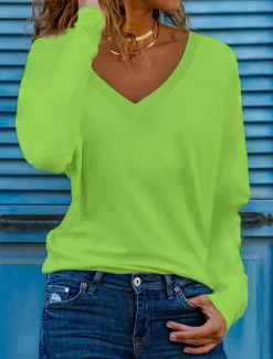 Hot Women's T Shirt Basic Patchwork Flutter Sleeve Long Sleeve Regular Tops V Neck Daily Sports Black White Red Green Cross-Seasons Women Women's Tops