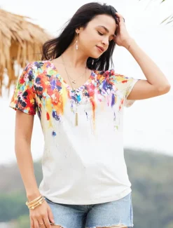 Women's T Shirt Basic Print Short Sleeve Regular Tops V Neck Daily Weekend Yellow Light Green Red Green Women Spring Tops