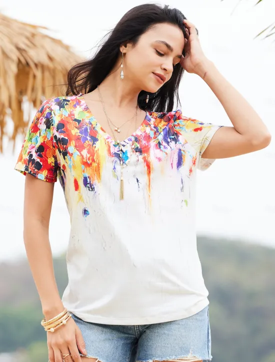 Women's T Shirt Basic Print Short Sleeve Regular Tops V Neck Daily Weekend Yellow Light Green Red Green Women Spring Tops