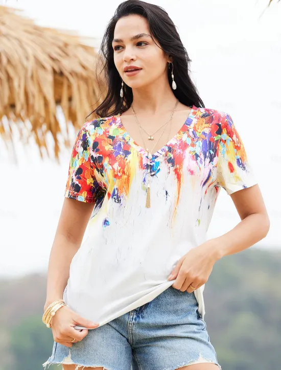 Women's T Shirt Basic Print Short Sleeve Regular Tops V Neck Daily Weekend Yellow Light Green Red Green Women Spring Tops