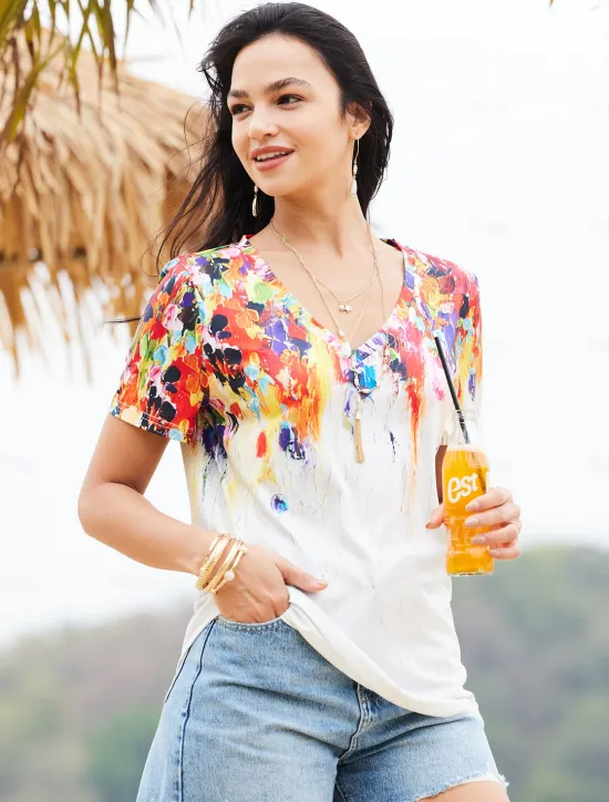Women's T Shirt Basic Print Short Sleeve Regular Tops V Neck Daily Weekend Yellow Light Green Red Green Women Spring Tops