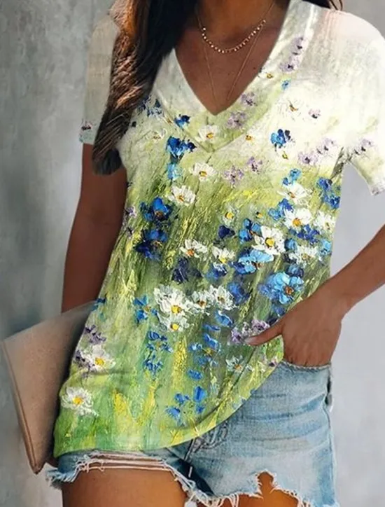 Women's T Shirt Basic Print Short Sleeve Regular Tops V Neck Daily Weekend Yellow Light Green Red Green Women Spring Tops