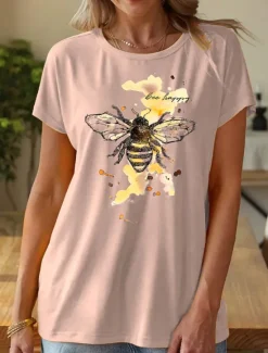 Women's T Shirt Bees Stylish Casual Short Sleeve Crew Neck Regular Tops Daily Print Yellow Pink Blue Green Summer Women T-Shirts