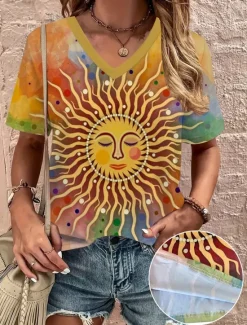 Sale Women's T Shirt Bohemia Vintage Print Short Sleeve Regular Tops V Neck Vacation Daily Summer Women Boho Tops