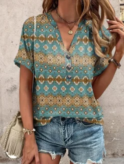 Discount Women's T Shirt Bohemian Blouse Geometric Floral Print V-Neck Short Sleeve Lightweight Fabric Spring Summer Casual Comfort Front Button Detail Versatile Sizing Green Women Boho Tops