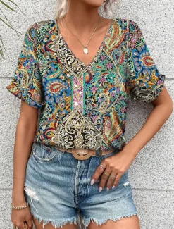 Online Women's T Shirt Boho Blouse Paisley Print V-Neck Short Sleeve Casual Loose Fit Multicolor Lightweight Summer Top Women Boho Tops