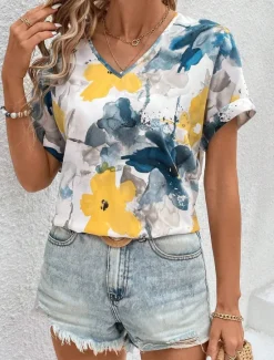 Online Women's T Shirt Boho Blouse Paisley Print V-Neck Short Sleeve Casual Loose Fit Multicolor Lightweight Summer Top Women Boho Tops