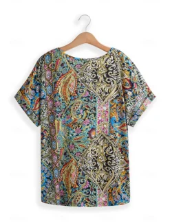 Online Women's T Shirt Boho Blouse Paisley Print V-Neck Short Sleeve Casual Loose Fit Multicolor Lightweight Summer Top Women Boho Tops