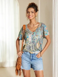 Online Women's T Shirt Boho Blouse Paisley Print V-Neck Short Sleeve Casual Loose Fit Multicolor Lightweight Summer Top Women Boho Tops