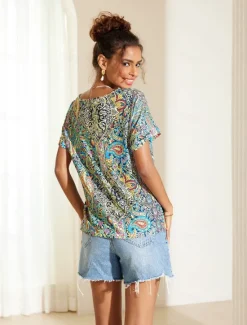 Online Women's T Shirt Boho Blouse Paisley Print V-Neck Short Sleeve Casual Loose Fit Multicolor Lightweight Summer Top Women Boho Tops