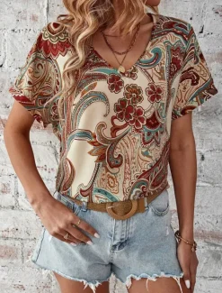 Online Women's T Shirt Boho Blouse Paisley Print V-Neck Short Sleeve Casual Loose Fit Multicolor Lightweight Summer Top Women Boho Tops