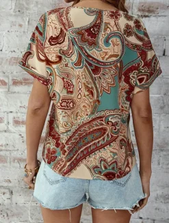 Online Women's T Shirt Boho Blouse Paisley Print V-Neck Short Sleeve Casual Loose Fit Multicolor Lightweight Summer Top Women Boho Tops