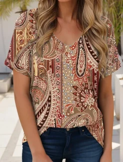 Women's T Shirt Boho Blouse Graphic Geometric Paisley Bohemia Vintage Casual Short Sleeve V Neck Regular Tops Daily Weekend Beach Wear Print Red Blue Orange Summer Women Boho Tops