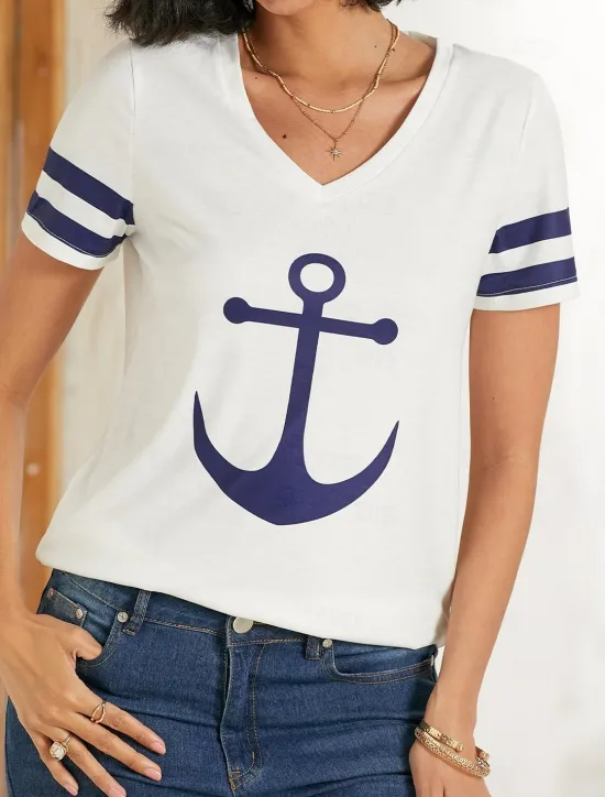 Women's T Shirt Burgundy Tee Basic Anchor Print Short Sleeve Regular Tops V Neck Daily Weekend White Blue Women T-Shirts