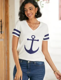Women's T Shirt Burgundy Tee Basic Anchor Print Short Sleeve Regular Tops V Neck Daily Weekend White Blue Women T-Shirts