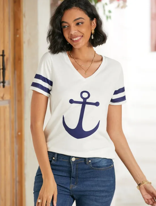 Women's T Shirt Burgundy Tee Basic Anchor Print Short Sleeve Regular Tops V Neck Daily Weekend White Blue Women T-Shirts
