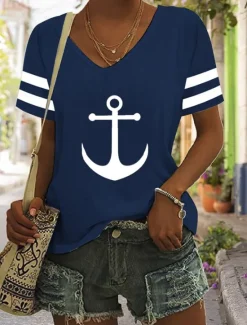 Women's T Shirt Burgundy Tee Basic Anchor Print Short Sleeve Regular Tops V Neck Daily Weekend White Blue Women T-Shirts