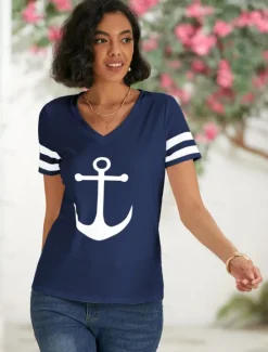 Women's T Shirt Burgundy Tee Basic Anchor Print Short Sleeve Regular Tops V Neck Daily Weekend White Blue Women T-Shirts
