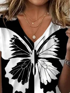 Clearance Women's T Shirt Butterfly Stylish Casual Short Sleeve V Neck Regular Tops Daily Print Summer Women T-Shirts