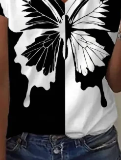 Clearance Women's T Shirt Butterfly Stylish Casual Short Sleeve V Neck Regular Tops Daily Print Summer Women T-Shirts