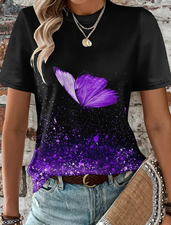Sale Women's T Shirt Butterfly Fashion Short Sleeve Round Neck Regular Tops Daily Weekend Print Blue Purple Fuchsia Light Blue Summer Women T-Shirts