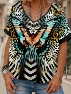 Hot Women's T Shirt Butterfly Casual Short Sleeve V Neck Regular Tops Daily Weekend Print Summer Spring Women Boho Tops