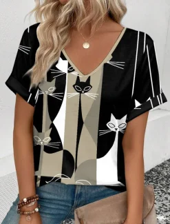 Clearance Women's T Shirt Casual Color Block Cat Print Short Sleeve Regular Tops V Neck Daily Summer Women T-Shirts