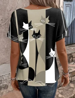 Clearance Women's T Shirt Casual Color Block Cat Print Short Sleeve Regular Tops V Neck Daily Summer Women T-Shirts