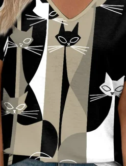Clearance Women's T Shirt Casual Color Block Cat Print Short Sleeve Regular Tops V Neck Daily Summer Women T-Shirts
