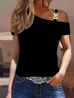 Best Women's T Shirt Casual Color Block Print Cold Shoulder Short Sleeve Regular Tops Off Shoulder Work Casual Black Blue Brown Khaki Light Grey Women T-Shirts