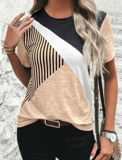 Discount Women's T Shirt Casual Color Block Print Short Sleeve Regular Tops Round Neck Daily Sky Blue Khaki Gray Summer Women T-Shirts