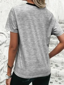 Discount Women's T Shirt Casual Color Block Print Short Sleeve Regular Tops Round Neck Daily Sky Blue Khaki Gray Summer Women T-Shirts