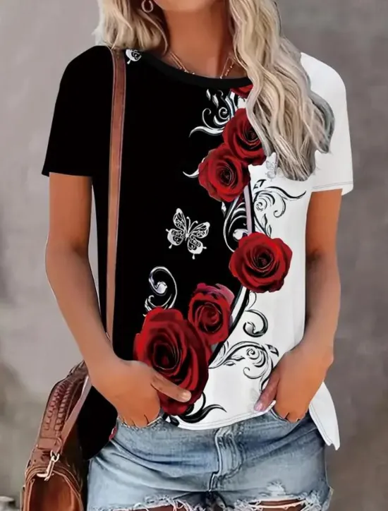 Women's T Shirt Casual Floral Print Short Sleeve Regular Tops Round Neck Daily Summer Women Spring Tops