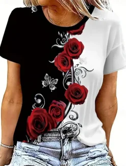 Women's T Shirt Casual Floral Print Short Sleeve Regular Tops Round Neck Daily Summer Women Spring Tops