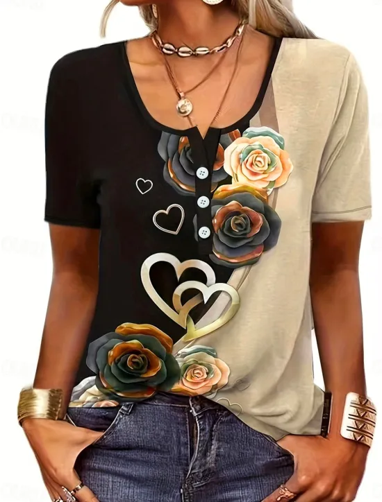 Discount Women's T Shirt Casual Ombre Floral Buttons Short Sleeve Regular Tops U Neck Daily Rose Gold Khaki Summer Women Spring Tops